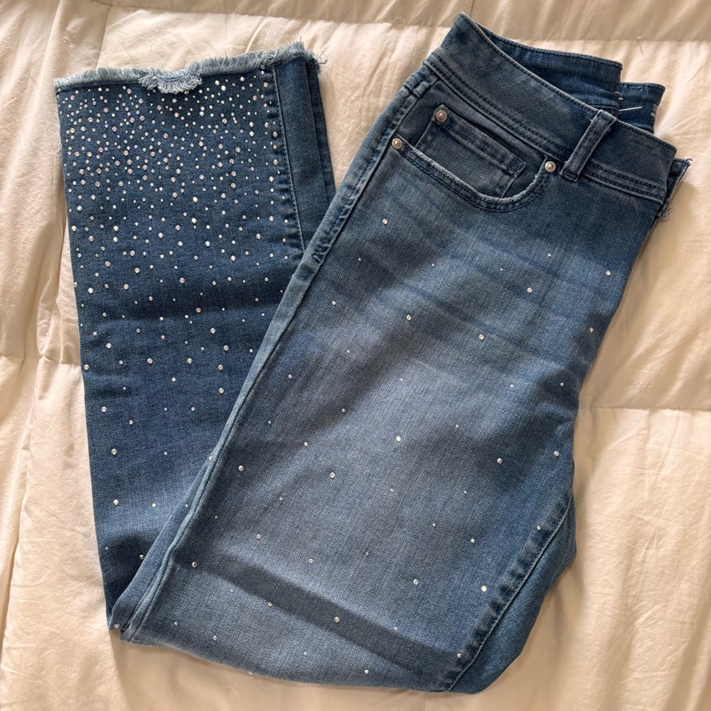 Frayed Rhinestone Straight Leg Denim Jeans Size 8 INC International